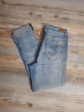 Seven7 High Rise Straight Jeans Cuffed Raw Hem Women's Size 8 Medium Wash